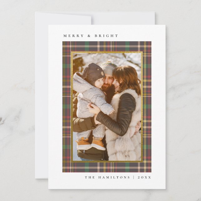 Merry & Bright Tartan Christmas Family Photo Holiday Card (Front)