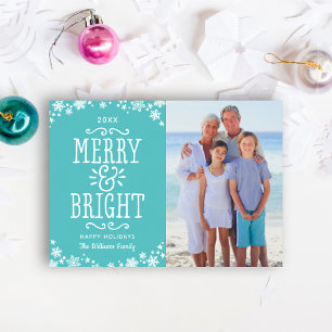 Merry & Bright Teal Snowflake Photo Holiday Card