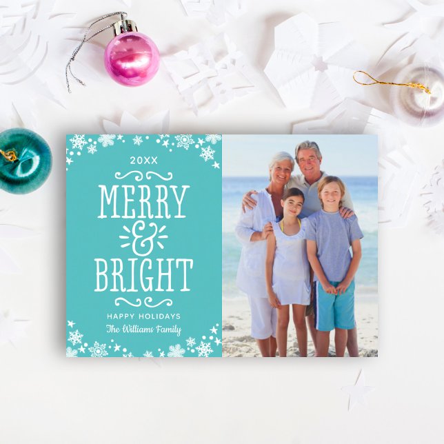 Merry & Bright Teal Snowflake Photo Holiday Card (Creator Uploaded)
