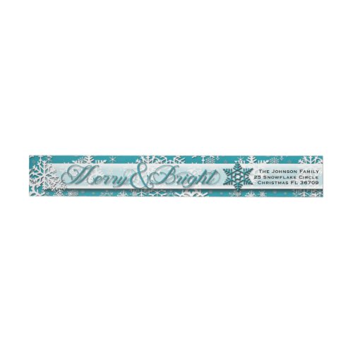 Merry  Bright  Teal Snowflakes  Modern  Classy Wrap Around Label