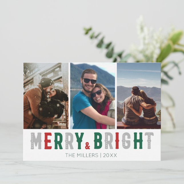 Merry Bright Three Photo Christmas Holiday Card (Standing Front)