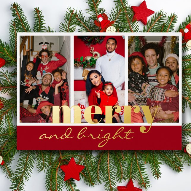 Merry Bright Three Photo Red and  gold Foil Holiday Card (Creator Uploaded)
