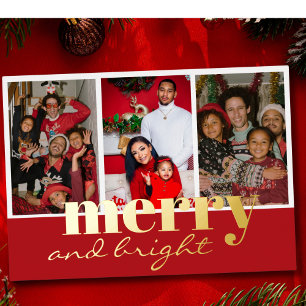 Merry & Bright Three Photo Red and gold Foil Holiday Card