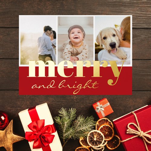 Merry Bright Three Photo Red White Christmas Foil Holiday Card