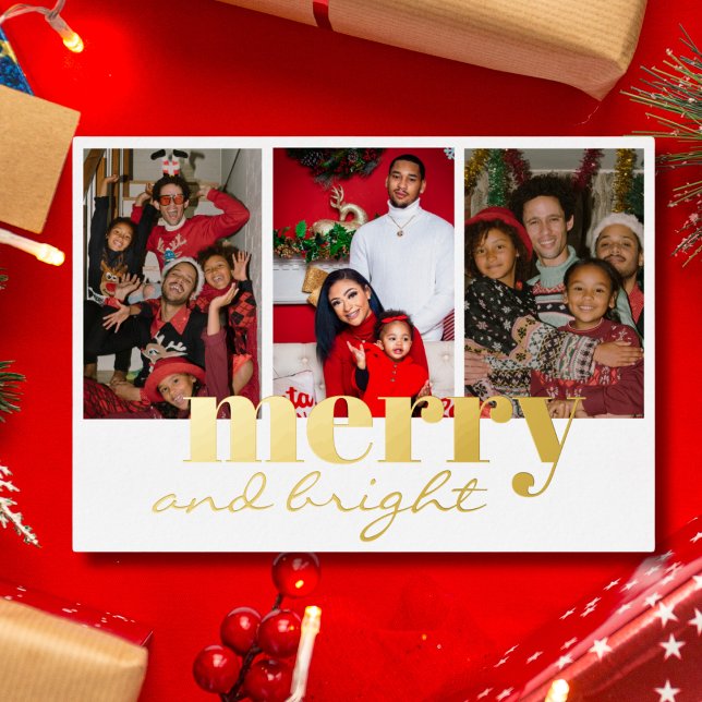Merry Bright Three Photo White and  gold Foil Holiday Card (Creator Uploaded)
