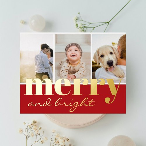 Merry Bright Three Photo White Red Christmas Foil Holiday Postcard