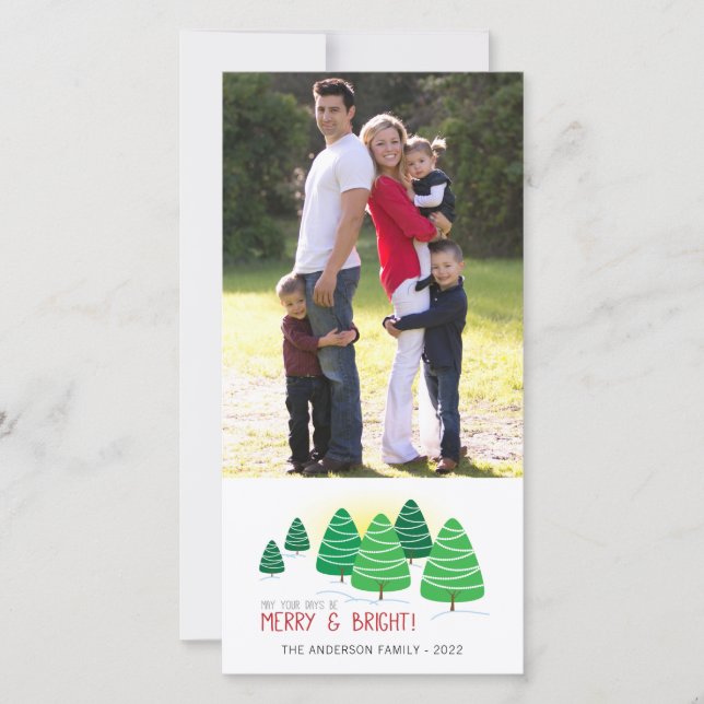 Merry & Bright Trees Vertical Photo Christmas Holiday Card (Front)