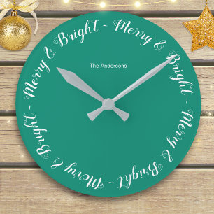 Merry & Bright Turquoise Simple Festive Christmas Round Clock