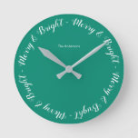 Merry &amp; Bright Turquoise Simple Festive Christmas Round Clock