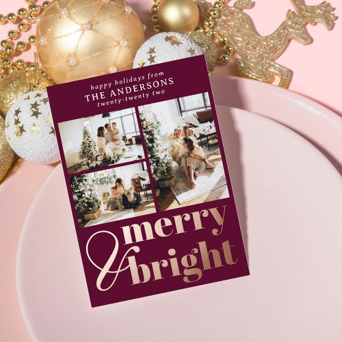 Merry  Bright Typography Christmas Wine Berry Foil Holiday Card