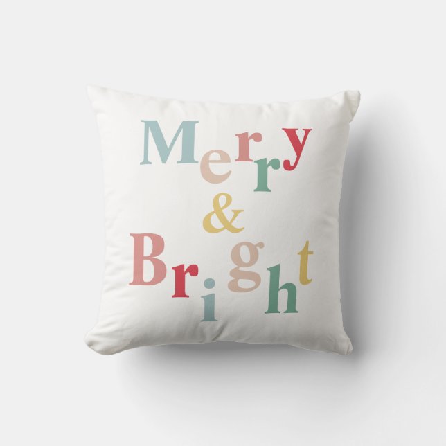 Merry & Bright typography light color Throw Pillow (Front)