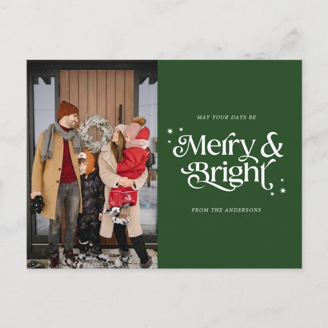 Merry & Bright Typography Photo Christmas Holiday Postcard (Front)