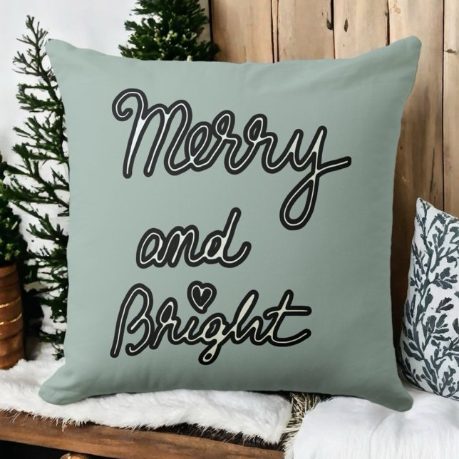 Merry Bright typography sage green black white Throw Pillow (Creator Uploaded)