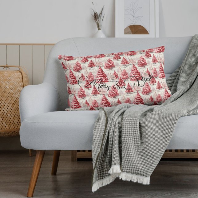 Merry & Bright Vintage Christmas Pink & Red  Lumbar Pillow (Merry & Bright Pink and Red Winter Wonderland Christmas Trees Toile de Jouy pattern rectangle pillow)