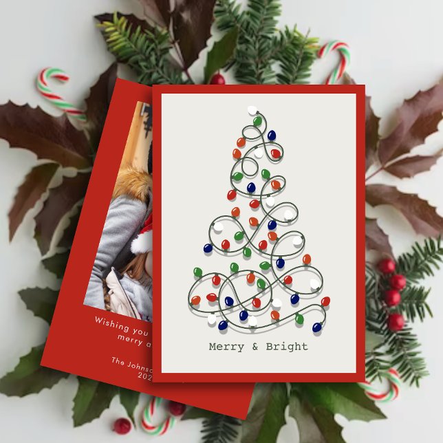 Merry & Bright Vintage Lights Red Photo Holiday Card (Creator Uploaded)