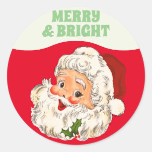 MERRY & BRIGHT Vintage Retro Jolly Santa Christmas Classic Round Sticker