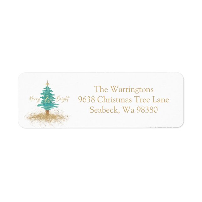 "Merry & Bright" Watercolor Christmas Tree Label (Front)