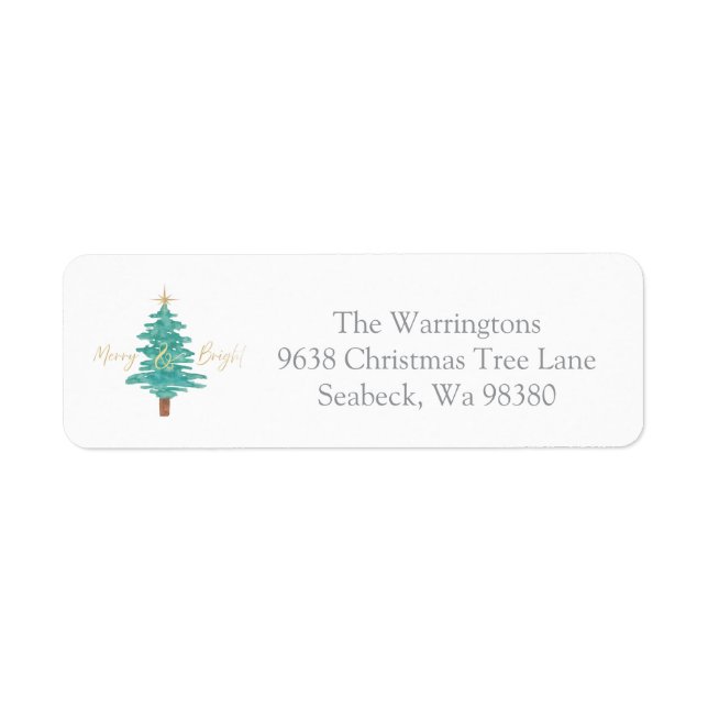 "Merry & Bright" Watercolor Christmas Tree Label (Front)