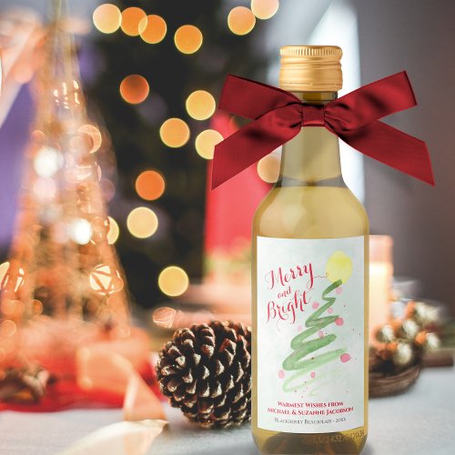 Merry  Bright Watercolor Christmas Tree Mini Wine Label