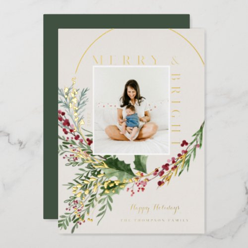 Merry  Bright Watercolor Greenery Wreath Photo Foil Holiday Card