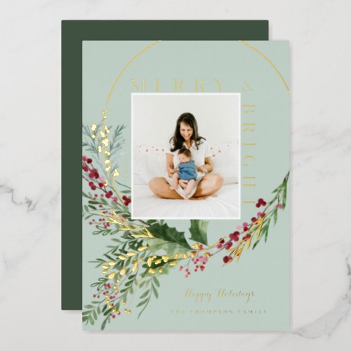 Merry  Bright Watercolor Greenery Wreath Photo Foil Holiday Card