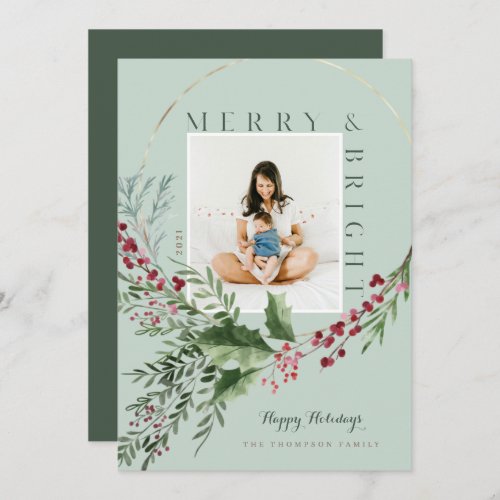 Merry  Bright Watercolor Greenery Wreath Photo Holiday Card