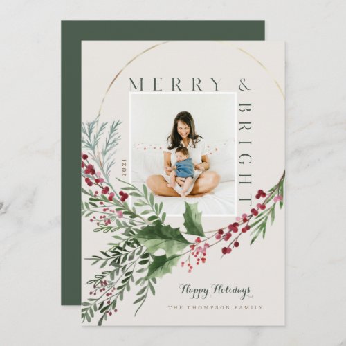 Merry  Bright Watercolor Greenery Wreath Photo Holiday Card