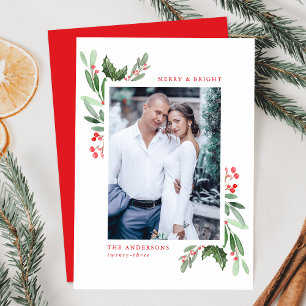 Merry & Bright Watercolor Holly Berries Photo Holiday Card