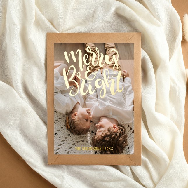 Merry & Bright What a Year Photo Budget Christmas Foil Holiday Postcard (Merry & Bright Kids Family Christmas Postcard)