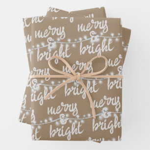 Merry & Bright White Christmas Tree Lights Kraft Wrapping Paper Sheets