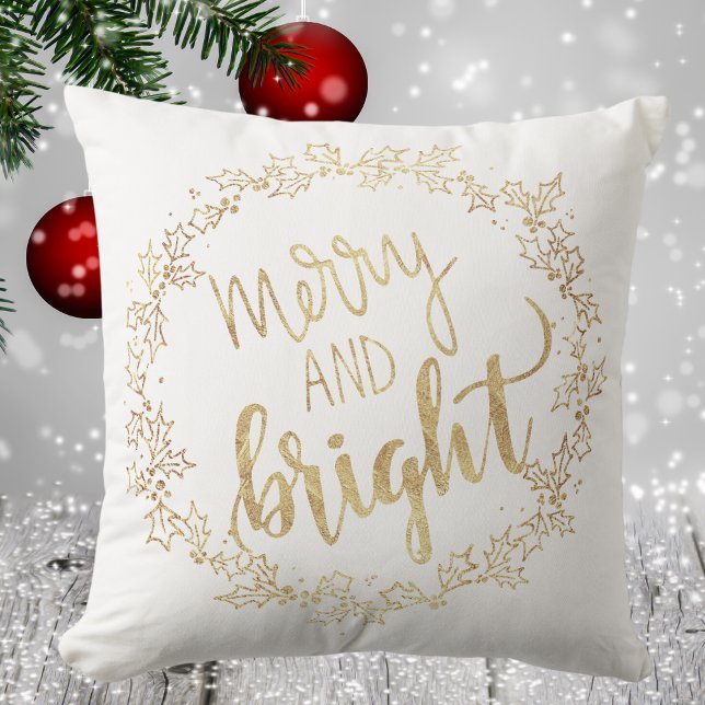 Merry & Bright - White & Gold - Christmas Throw Pillow (Merry & Bright - White & Gold - Christmas Throw Pillow)