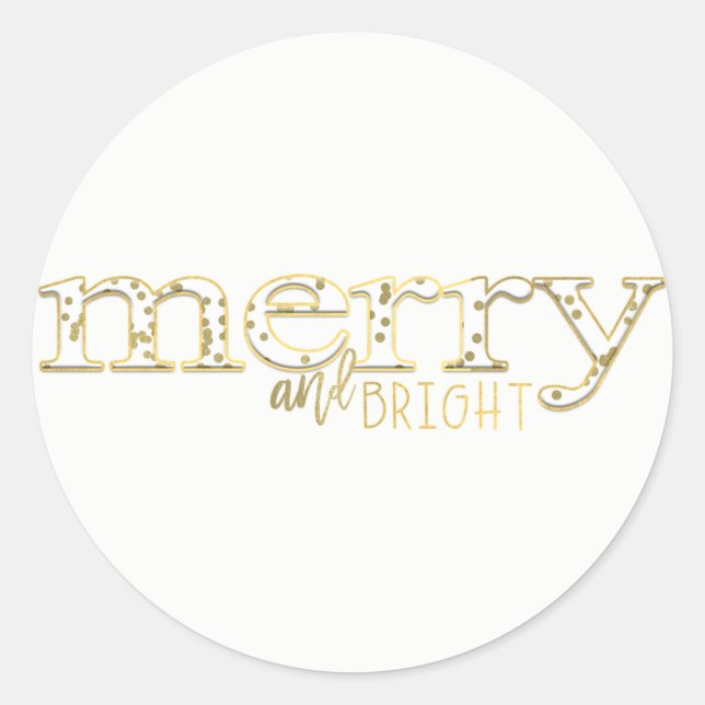 Merry & Bright White Gold Holiday Christmas Favor Classic Round Sticker (Front)