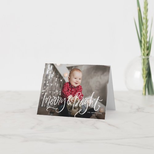 Merry  Bright White Hand_Lettered Overlay Photo Holiday Card