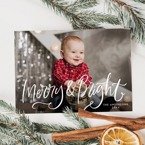 Merry  Bright White Hand_Lettered Overlay Photo Holiday Card