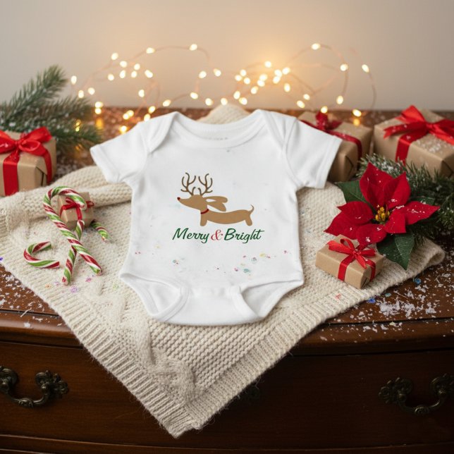 Merry & Bright Wiener Dog Christmas Outfit Baby Bodysuit (Merry & Bright dachshund Christmas baby outfit - )