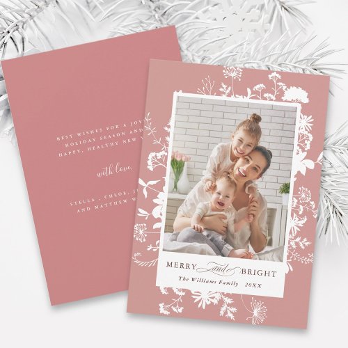 Merry  Bright Wildflower Photo Dusty Pink Rose Holiday Card