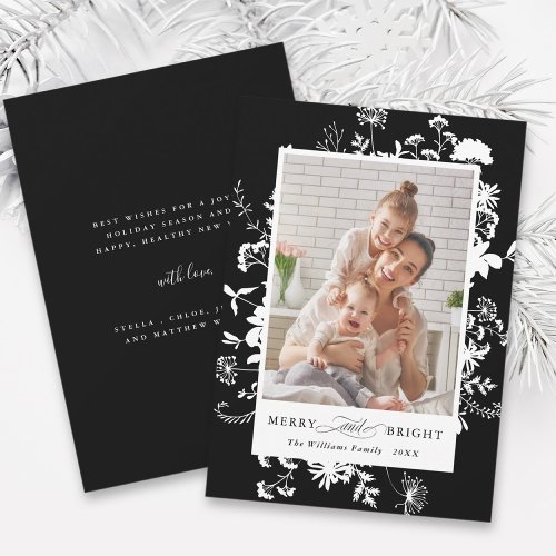 Merry  Bright Wildflower Silhouette Photo Black Holiday Card