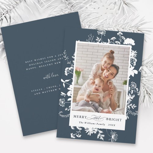 Merry  Bright Wildflower Silhouette Photo Navy Holiday Card