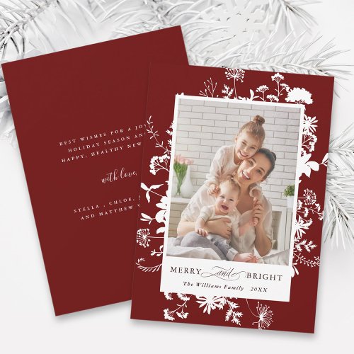 Merry  Bright Wildflower Silhouette Photo Red Holiday Card