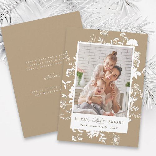 Merry  Bright Wildflower Silhouette Photo Tan Holiday Card