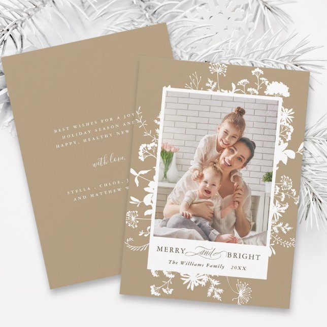 Merry & Bright Wildflower Silhouette Photo Tan Holiday Card (Front & Back)