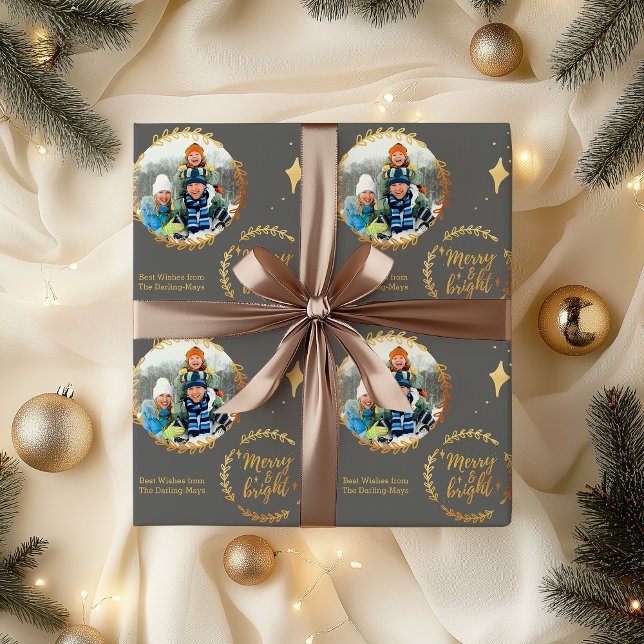 Merry & Bright with Custom Photo - Gold and Grey Wrapping Paper (Photo christmas wrapping paper - Merry & Bright)
