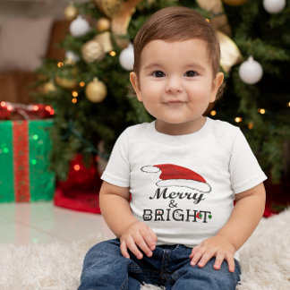 Merry & Bright with Santa Hat Christmas Baby T-Shirt