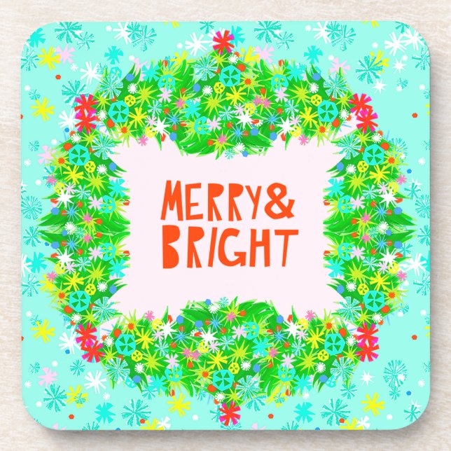 Merry & Bright Wreath Beverage Coaster (Front)