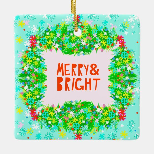 Merry & Bright Wreath Ceramic Ornament (Front)