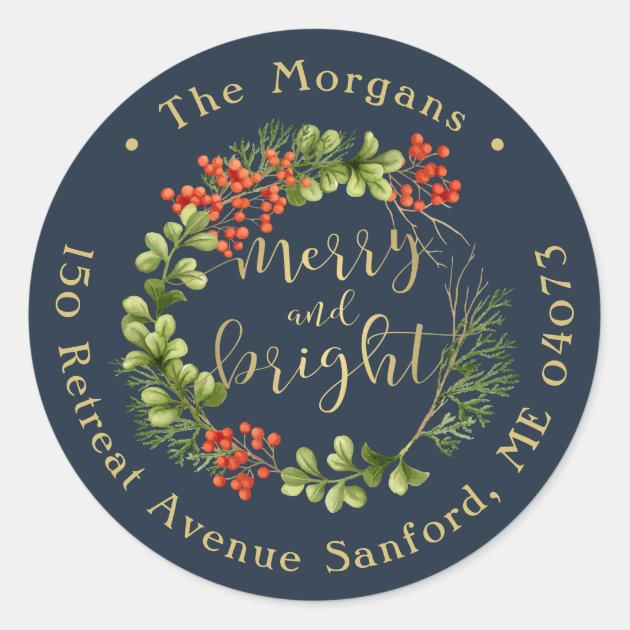 Merry & Bright Wreath Navy Blue Holiday Address Classic Round Sticker
