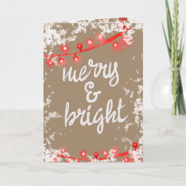 Merry & Bright Writing Red Snowy Tree Lights Kraft Holiday Card (Front)
