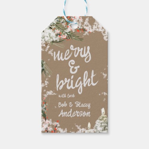 Merry  Bright Writing Snowy Pine  Ilex Berries Gift Tags