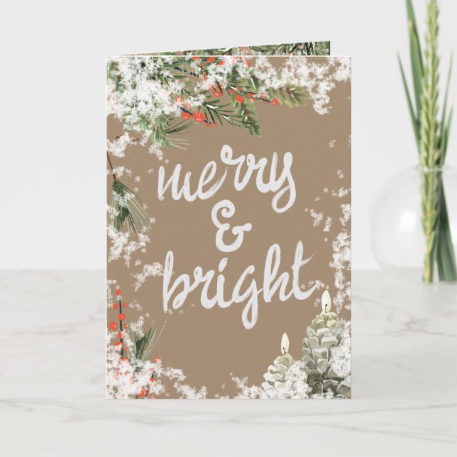 Merry & Bright Writing Snowy Pine & Ilex Berries Holiday Card (Front)