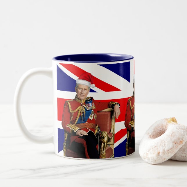 Merry British Christmas King Charles III  Two-Tone Coffee Mug (With Donut)